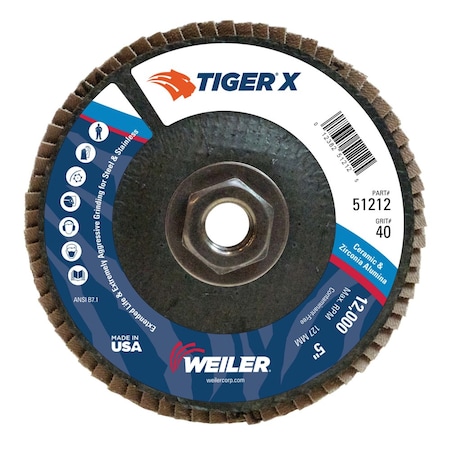 Weiler 5" Tiger X Flap Disc, Conical (TY29), 40Z, 5/8"-11 UNC 51212